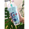 Sevimli Dino Temalı Çift Katman 450 ml Suluk Pipetli Mika Mavi 2769