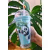 Sevimli Panda Temalı Çift Katman 450ml Suluk Pipetli Mika Matara Mavi 2770
