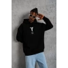 Sırt Baskılı Kapüşonlu Üç İplik Oversize Sweatshirt - Siyah