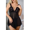 Siyah Kadın Fantezi Gecelik Tül Askı ve Göğüs Fırfır Detaylı 2110