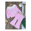 Triko Şeker Pembe Süzene nakışlı yaka güpürlü ispanyol paça pamuklu kız bebek takım