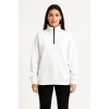 Üç İplik Dık Yaka Yarım Fermuarlı SweatShirt - Beyaz -