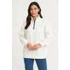 Üç İplik Dık Yaka Yarım Fermuarlı SweatShirt - Beyaz -