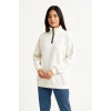 Üç İplik Dık Yaka Yarım Fermuarlı SweatShirt - Beyaz -