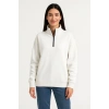 Üç İplik Dık Yaka Yarım Fermuarlı SweatShirt - Beyaz -