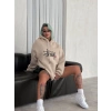 Üç İplik Kapşonlu Baskılı SweatShirt - Bej