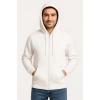 Üç İplik Kapüşonlu Tam Fermuarlı Kanguru Cepli SweatShirt Hoodie - Beyaz -