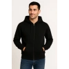Üç İplik Kapüşonlu Tam Fermuarlı Kanguru Çepli SweatShirt Hoodie - Siyah -