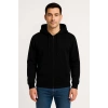Üç İplik Kapüşonlu Tam Fermuarlı Kanguru Çepli SweatShirt Hoodie - Siyah -