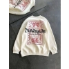 Üç İplik Penye Bisiklet Yaka Baskılı SweatShirt - Beyaz