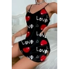  Love Desenli Siyah Saten Gecelik