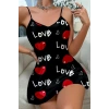  Love Desenli Siyah Saten Gecelik