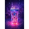 Unicorn Temalı Led Işıklı Suluk Buzlu Cam Görünümlü 450 ML Çift Katman Mika Su Şişesi 2646 Mavi