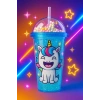 Unicorn Temalı Suluk Pipetli Buzlu Cam Görünümlü 450 ML Çift Katman Mika Su Şişesi 2646 Mavi