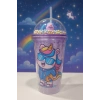 Unicorn Temalı Suluk Pipetli Buzlu Cam Görünümlü 450 ML Çift Katman Mika Su Şişesi 2646 Mor