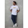Unisex Bisiklet Yaka Baskılı Oversize TShirt  Beyaz
