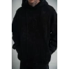 Uzun Kol Kapşonlu Yıkamalı Nakışlı SweatShirt - Siyah