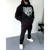 Uzun Kol Kapüşonlu Baskılı SweatShirt - Siyah -