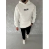 Uzun Kol Kapüşonlu Göğüs Baskılı SweatShirt - Beyaz -