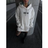 Uzun Kol Kapüşonlu Göğüs Baskılı SweatShirt - Beyaz -