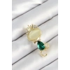 Yeşil Damla Zirkon Taşlı Kraliçe Taçlı Kedi Figürlü Gold Renk Kadın Broş - TJ-BR450