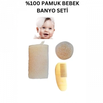 %100 Doğal Pamuk Bebek Banyo Lifi, Doğal Pamuklu Bebek Yüz Lifi, Bebek Limon Ağacı Ahşap Tarak Set