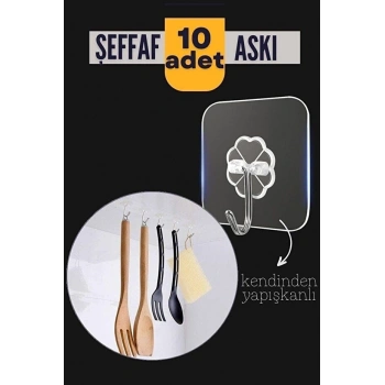 10'lu Şeffaf Kendinden Yapışkanlı Güçlü Askı Kancası, Banyo Mutfak Organizer, İz Bırakmaz Pratik Askı