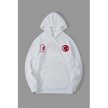 10 Kasıma Özel Üç İplik Kapüşonlu Baskılı SweatShirt - Beyaz -