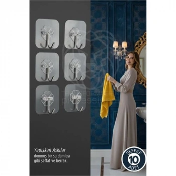 10lu Şeffaf Yapışkanlı Askı, Mutfak Banyo Duvar Askısı, Çivisiz Pratik Kanca Seti