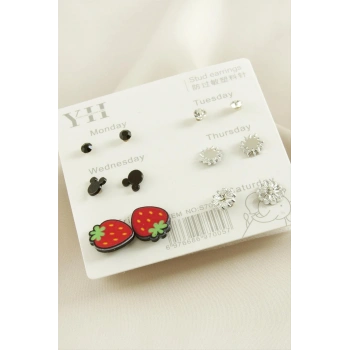 12 Adet Çilek Metal Taşlı Küpe