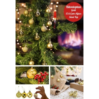 12 Adet Gold 2,5 Cm Mini Yılbaşı Topu, Noel Çam Ağacı Topu, Süs Topu