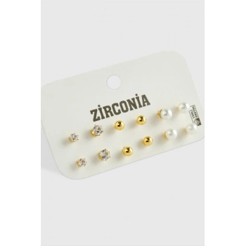 12 Adet İnci Zirkon Tek Taşlı Küpe