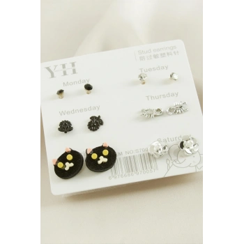 12 Adet Kedi Metal Taşlı Küpe