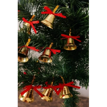 12 Adet Mini Çan Yılbaşı Çam Ağacı Süsü  3 cm Kırmızı Kurdeleli Gold Yılbaşı Çam Ağacı Süsü