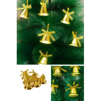 12 Adet Mini Çan Yılbaşı Çam Ağacı Süsü  3 cm Sarı Kurdeleli Gold Yılbaşı Çam Ağacı Süsü
