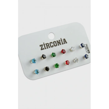 12 Adet Renkli Zirkon Tek Taşlı Küpe
