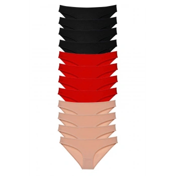 12 adet Süper Eko Set Likralı Kadın Slip Külot Siyah Kırmızı Ten