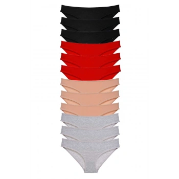 12 adet Süper Eko Set Likralı Kadın Slip Külot Siyah Kırmızı Ten Gri