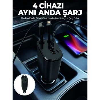 120w Hızlı Şarj Destekli 4ü 1 Arada Araç Şarj Cihazı Type-c, Lightning, Usb Ve Usb-c Çıkışlı