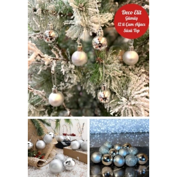 12’li Yılbaşı Çam Ağacı Süsü Gümüş – 4 cm Parlak & Simli Karışık Top Süsler Noel Çam Ağacı Süsü