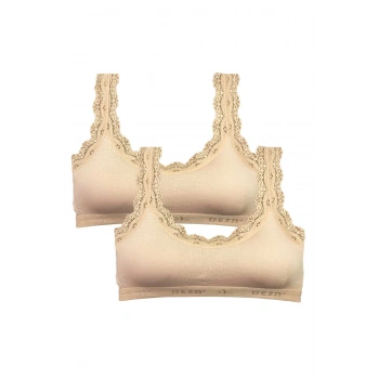 2 Adet Dantel Nakış İşlemeli Pedli Bambu Kadın Büstiyer Ten