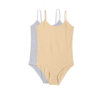 2 Adet İp Askılı Kadın Çıtçıtlı Body Gri ve Ten
