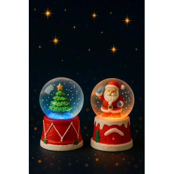 2 Adet Led Işıklı Mini Kar Küresi 6,5 cm – Noel Baba & Yılbaşı Çam Ağacı Dekoratif Işıklı Biblo