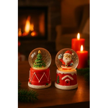 2 Adet Mini Kar Küresi 6,5 cm – Noel Baba & Çam Ağacı Temalı Dekoratif Yılbaşı Biblo