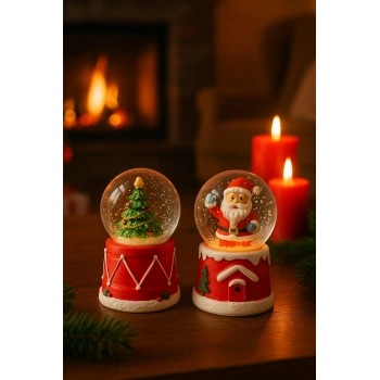 2 Adet Mini Kar Küresi 6,5 cm – Noel Baba & Çam Ağacı Temalı Dekoratif Yılbaşı Biblo
