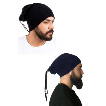 2 Adet Polar İpli Bere ve Boyunluk Siyah Lacivert