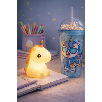 2li Set RGB Led Unicorn Gece Lambası Yumuşak Silikon – Mavi Unicorn Tema 450 ml Çift Katman Suluk