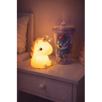 2li Set RGB Led Unicorn Gece Lambası Yumuşak Silikon – Mor Unicorn Tema 450 ml Çift Katman Suluk