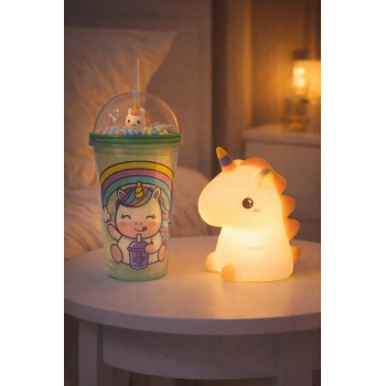 2li Set RGB Led Unicorn Gece Lambası Yumuşak Silikon – Yeşil Unicorn Tema 450 ml Çift Katman Suluk