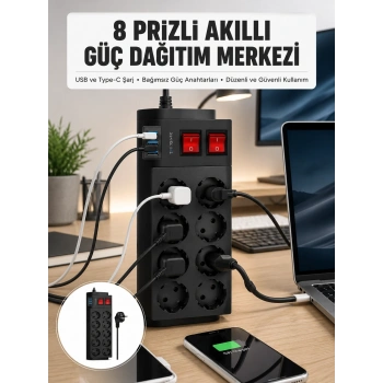 2 Metre Güçlü Çoklu Priz 8 Soket Yeni Nesil